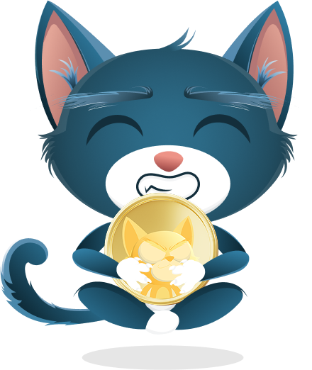 Trollercat sitting down holding a coin